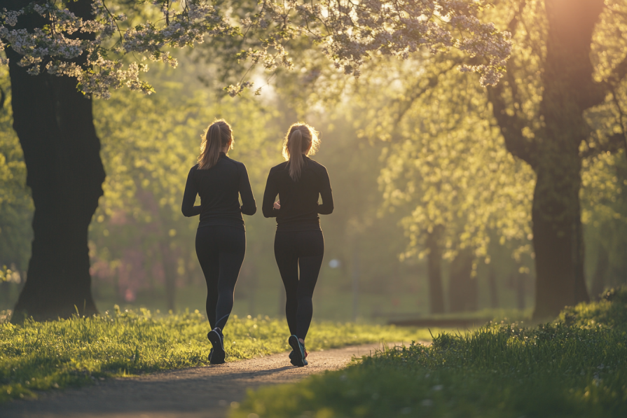 Ile ruchu dziennie? Jak zwiększyć aktywność w ciągu dnia? Dwie kobiety uprawiają jogging w parku jesienią.