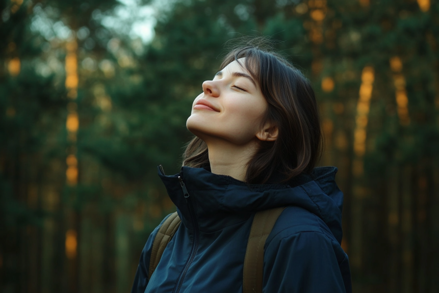 Medytacja, qi gong, mindfulness, ruch i spacery po lesie - sprawdź, jak wyciszyć przebodźcowany umysł. Kobieta w ciemnej kurtce przeciwdeszczowej delektuje się ciszą w środku lasu.