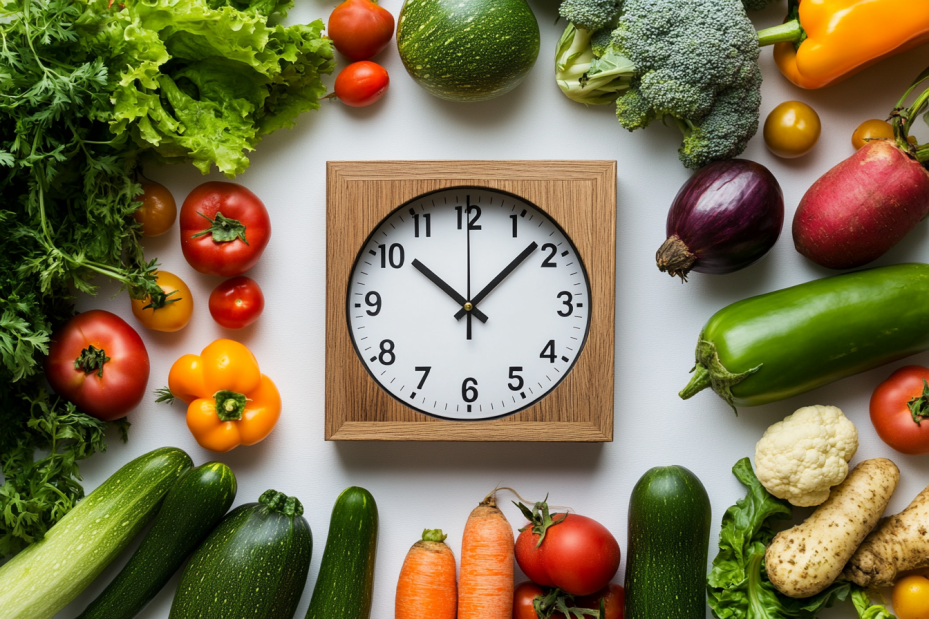 Post przerywany - co to jest i co mówią badania o intermittent fasting? Naa środku kadru zegar, a wokół niego różne kolorowe warzywa.